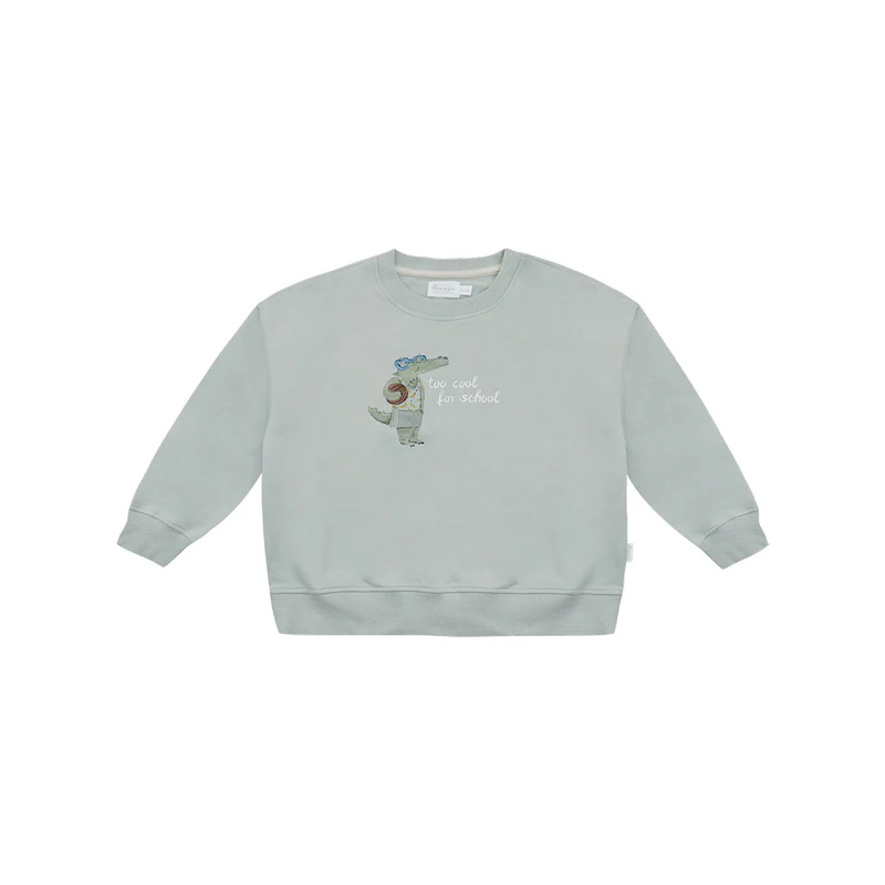 leevjesweatgreen Light blue children's sweatshirt with a small astronaut graphic and the text 'too cool for school' on the chest