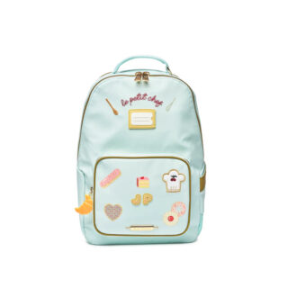 Pastel blue backpack with a front zip pocket and playful food-themed patches, including a chef hat and pastries.
