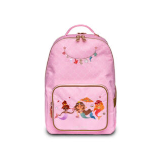 Pink children's backpack with a mermaid design and a front pocket on gold zipper details.