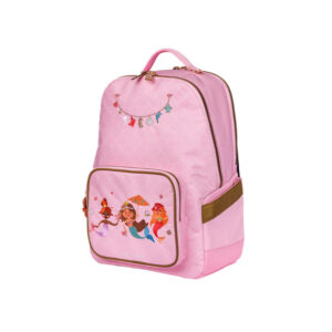 Pink children's backpack with a mermaid illustration on the front pocket and a scale-like pattern throughout the fabric.