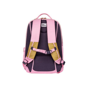 Back view of a pink and purple children's backpack with padded shoulder straps and chest strap.