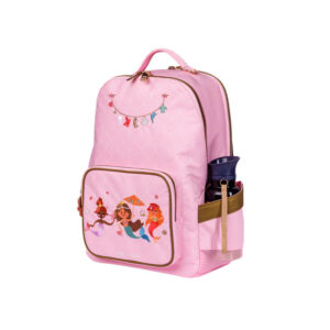 Pink kids' backpack with a mermaid illustration on the front pocket and a side water-bottle holder.