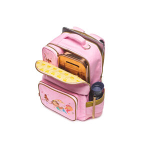 Pink kids' backpack with multiple zipper pockets, a yellow flap pocket, and a side bottle holder, featuring cartoon characters on the front panel.