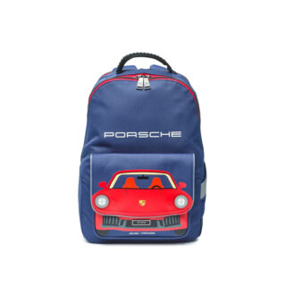 Blue backpack with Porsche branding and a red sports car graphic on the front pocket, zipper top, and carrying handle
