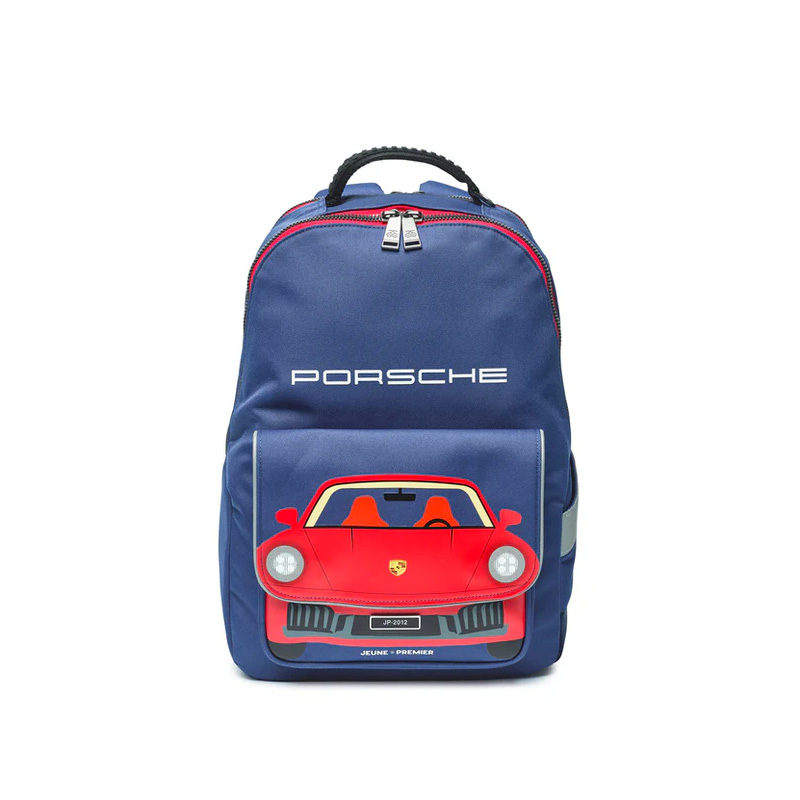 porsche Blue backpack with Porsche branding and a red sports car graphic on the front pocket, zipper top, and carrying handle