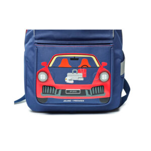 Blue children’s backpack with a red car graphic on the front pocket.