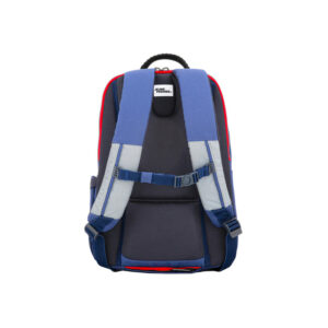 Rear view of a blue and gray backpack with padded straps and chest buckle, shown from behind.