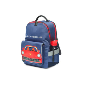 Blue children's backpack with Porsche branding, featuring a red car graphic on the front pocket and a water bottle in the side pocket.