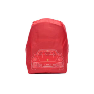 Red backpack with a white line drawing of a convertible sports car on the front.