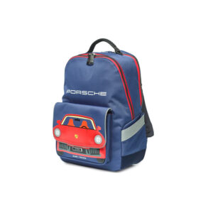 Blue child’s backpack with red Porsche car graphic on front pocket and red zipper accents