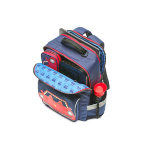 Kids' blue backpack with a red car graphic, open to show multiple compartments and a water bottle pocket on the side