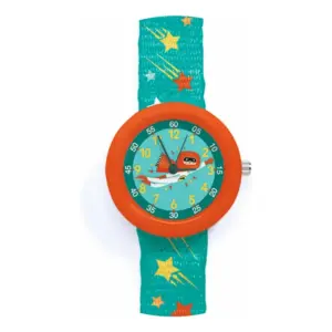 Colorful kids' analog watch with an orange bezel and teal strap covered in yellow and orange stars; dial features a playful airplane/rocket graphic and bright yellow numbers.