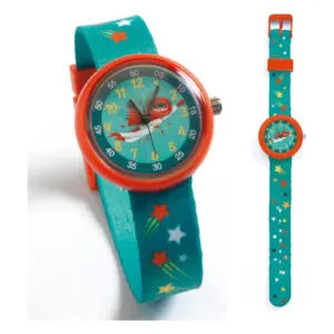 Kid's analog watch with teal strap, orange bezel, and a space/rocket-themed dial with stars on the face.