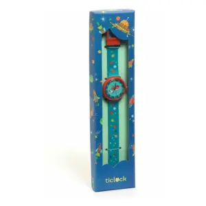 Children's wristwatch with a turquoise strap, displayed in a blue space-themed box with stars and planets.