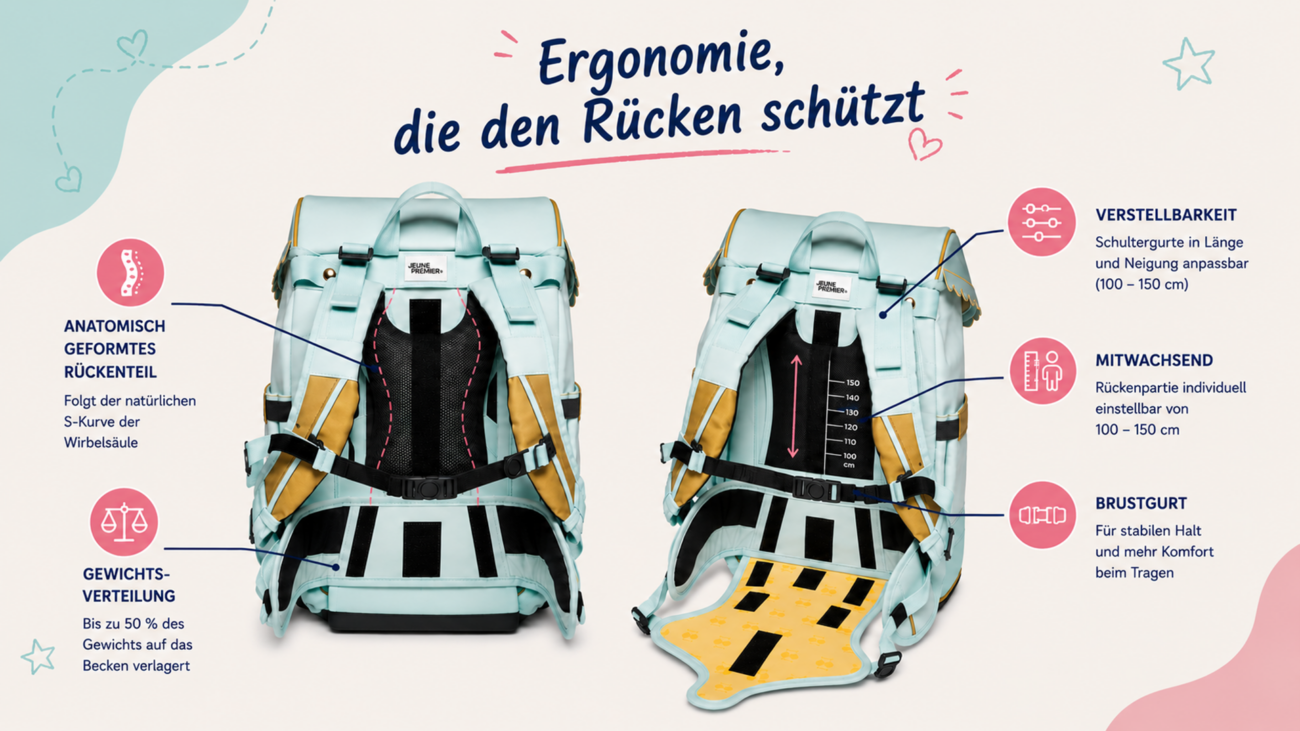 Ergonomisches Rückensystem des Jeune Premier Schulranzens mit Beckengurt