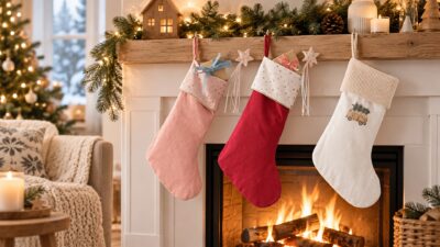Drei Nikolausstiefel in Rosa, Rot und Weiß hängen am Kamin und sind mit kleinen Geschenken gefüllt