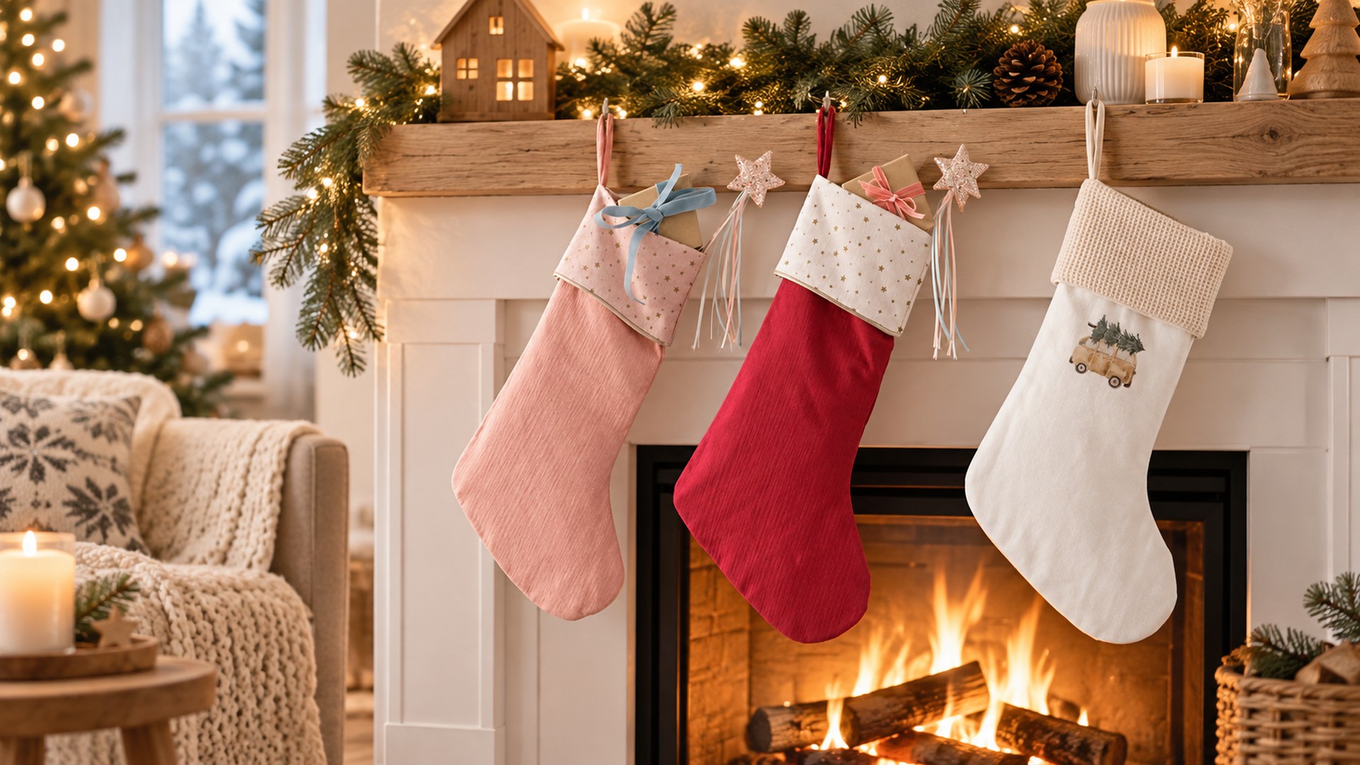 Drei Nikolausstiefel in Rosa, Rot und Weiß hängen am Kamin und sind mit kleinen Geschenken gefüllt