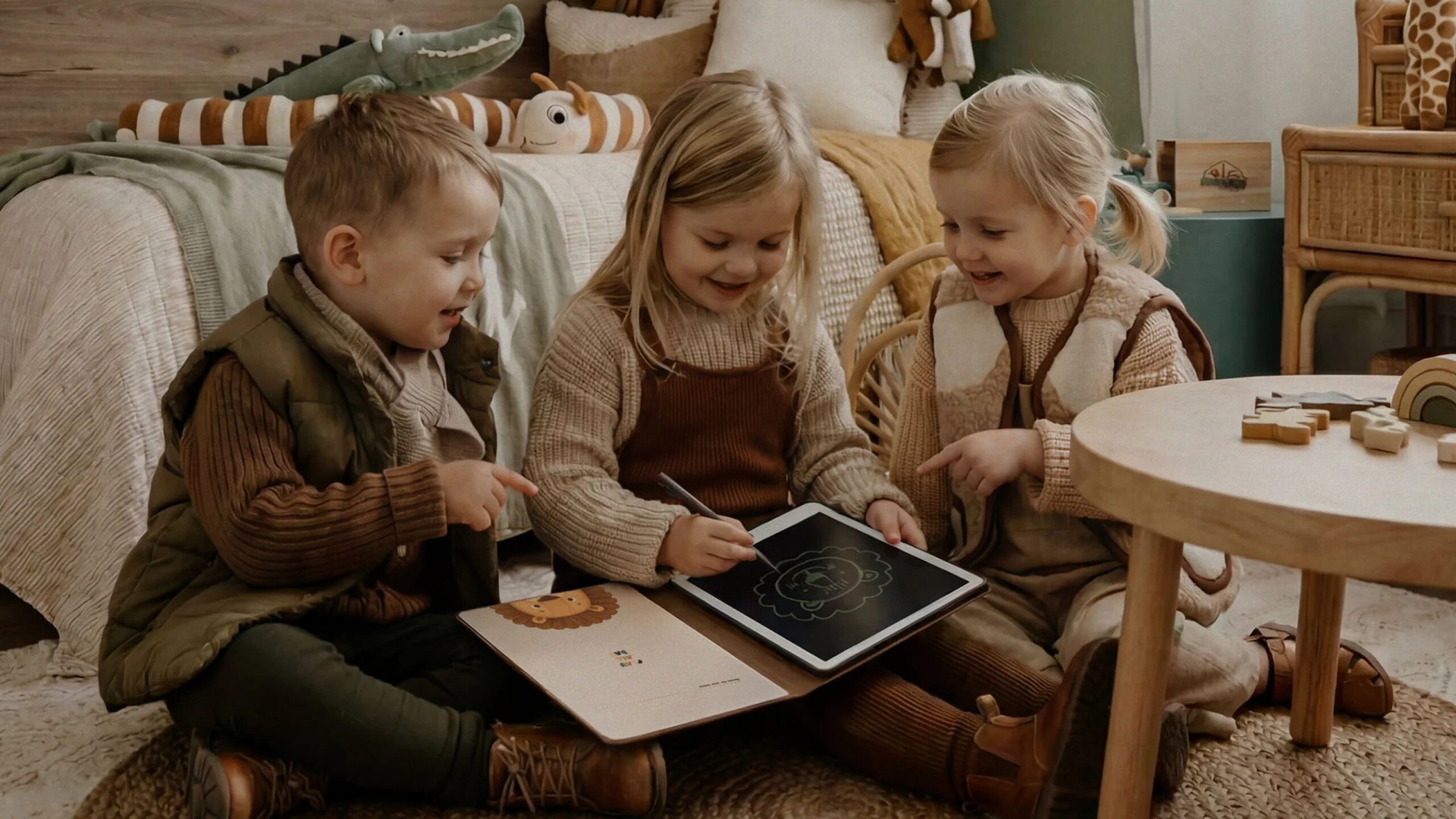 Kinder spielen gemeinsam mit ihren Weihnachtsgeschenken